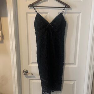 Bardot Black Lace Midi Dress with Spaghetti Straps